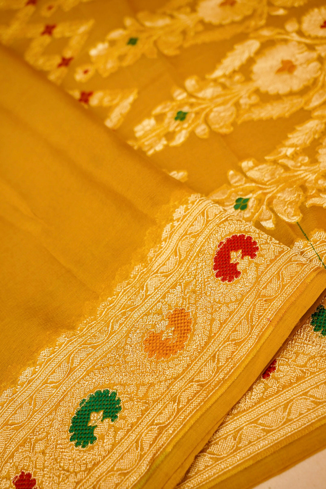 Haldi Wear Yellow Pure Khaddi Georgette Meenakari Saree View 5