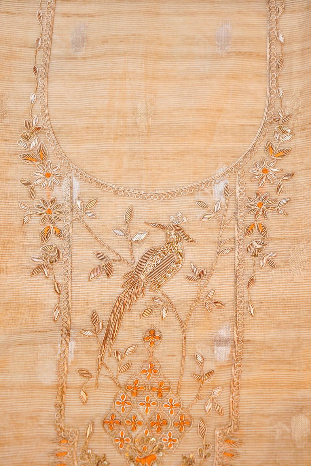 Unstitched Beige Gold Pure Chanderi Silk Suit with Yellow Contrast Dupatta