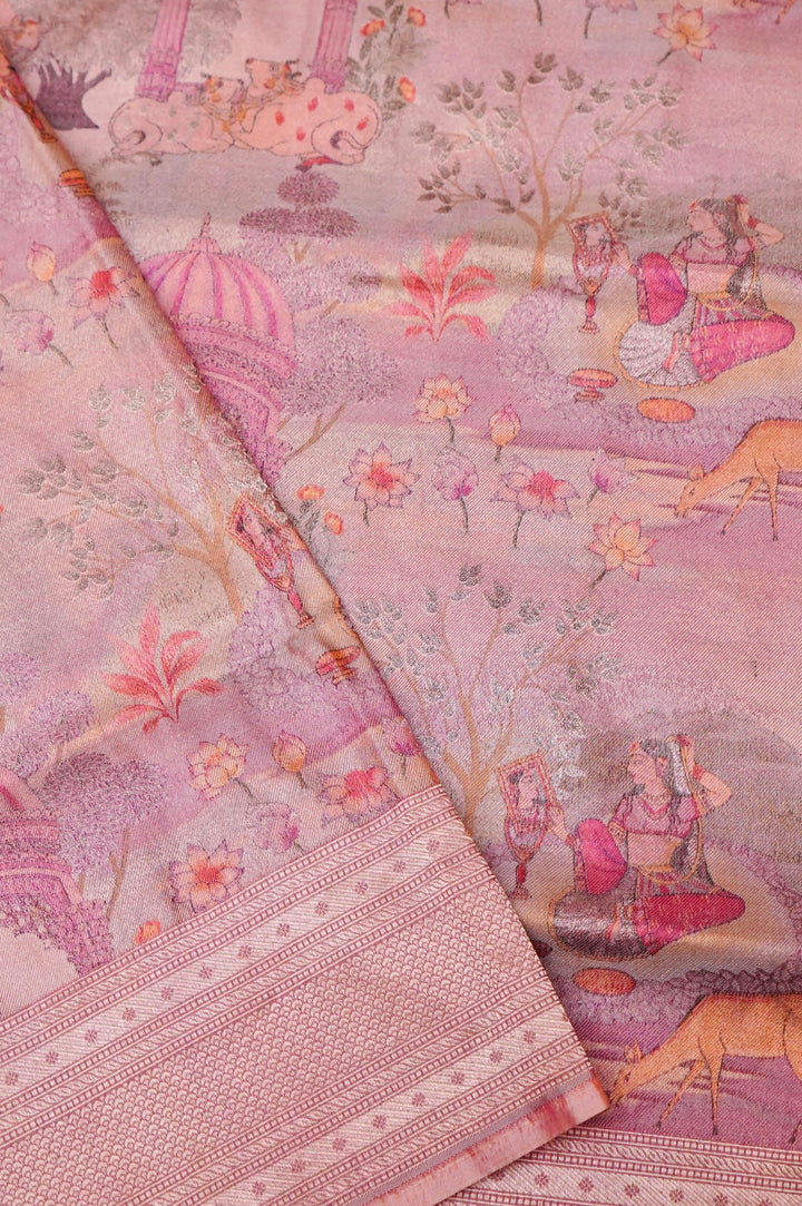Authentic Pink Banarasi Pure Katan Silk Tanchoi Saree with Handcrafted Figure Patterns