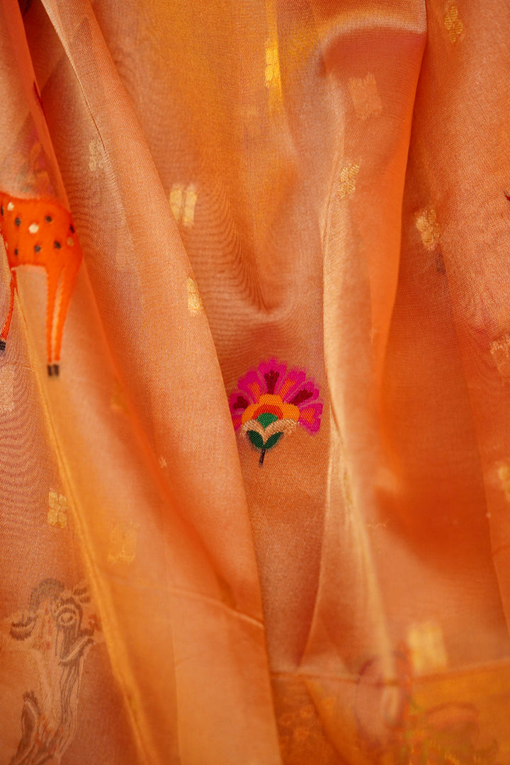 Handwoven Paithani Copper Gold Pure Tissue Silk Figure Motif Saree