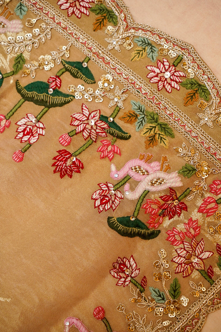 Beige Gold Lehenga Pattern Half Half Tissue Silk Meenakari Embroidery Saree View 7
