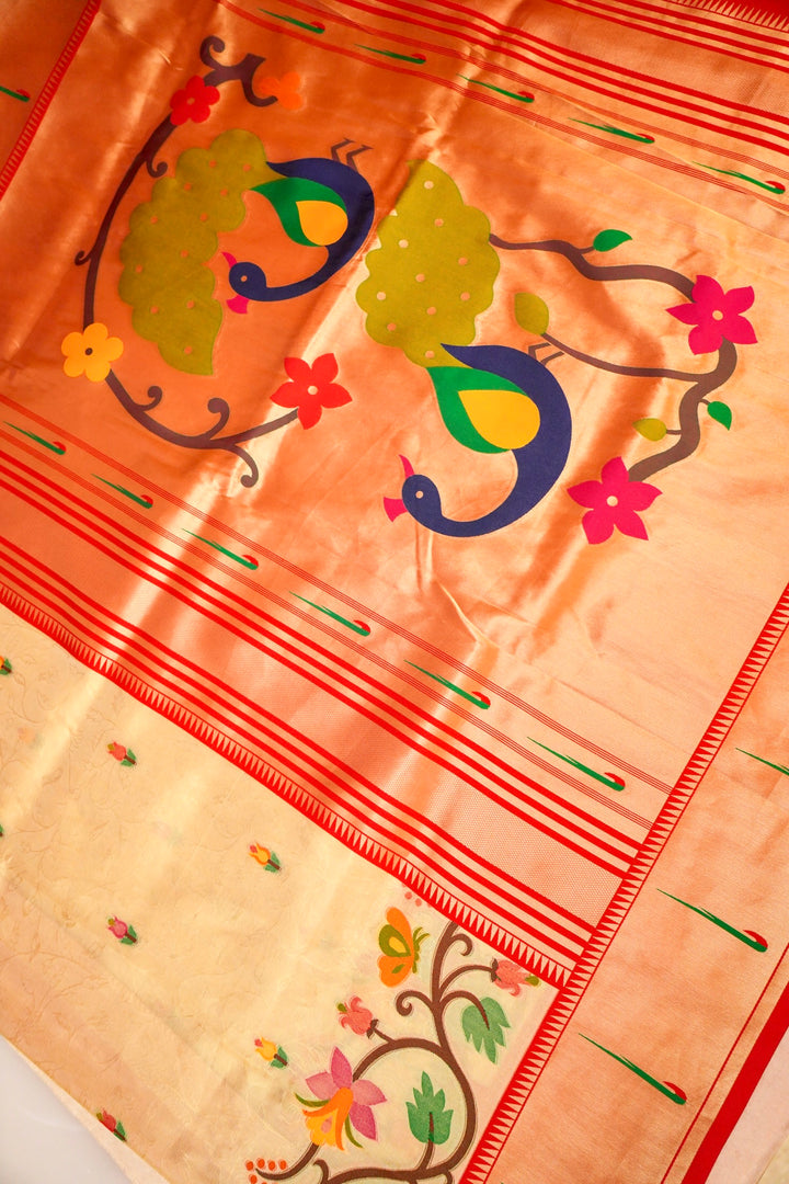 Beige Gold Banarasi Tissue Silk Saree with Contrast Paithani Border & Pallu
