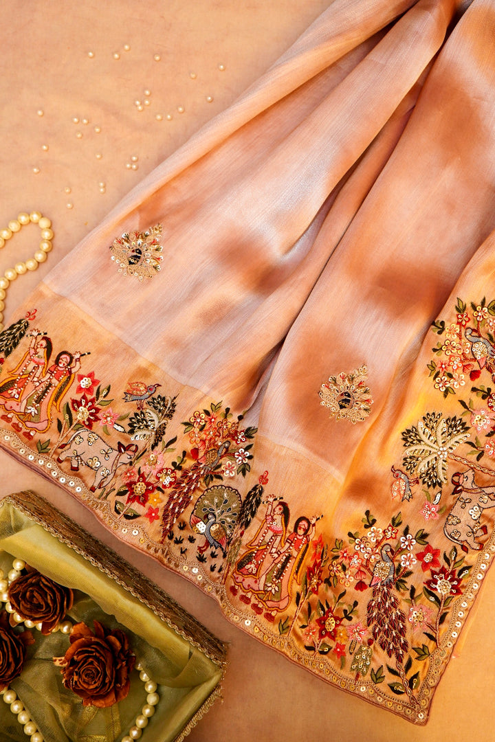 Gulab Meher – Designer Pink Tissue Silk Saree Meenakari Hand Embroidery Work