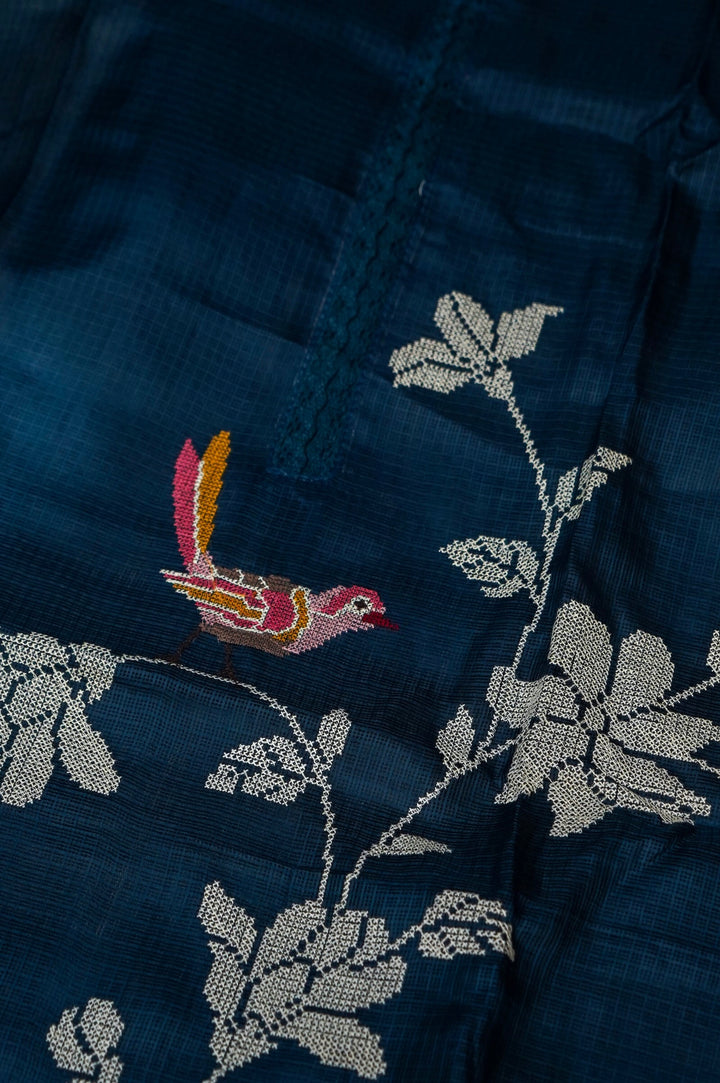 Teal Blue Pure Kota Suit Set with Cross Stitch Embroidery View 7