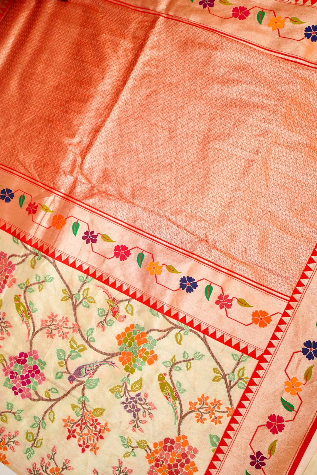 Beige Banarasi Tissue Silk Meenakari Saree with Paithani Border Pallu