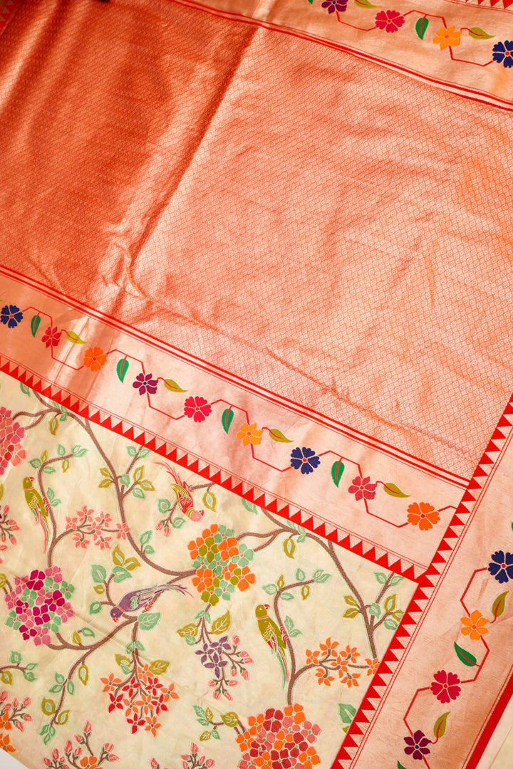 Beige Banarasi Tissue Silk Meenakari Saree with Paithani Border Pallu