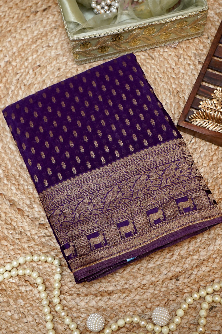 Royal Purple Banarasi Chinon Georgette Saree with Antique Zari Figure Motifs