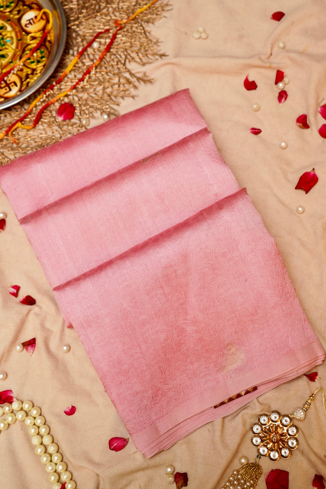 Blush Baby Pink Banarasi Handloom Pure Tanchoi Saree Cover View
