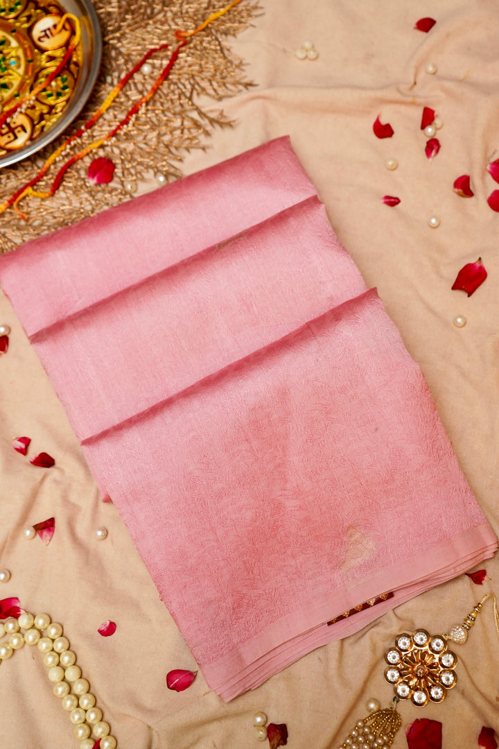 Blush Baby Pink Banarasi Handloom Pure Tanchoi Saree Cover View