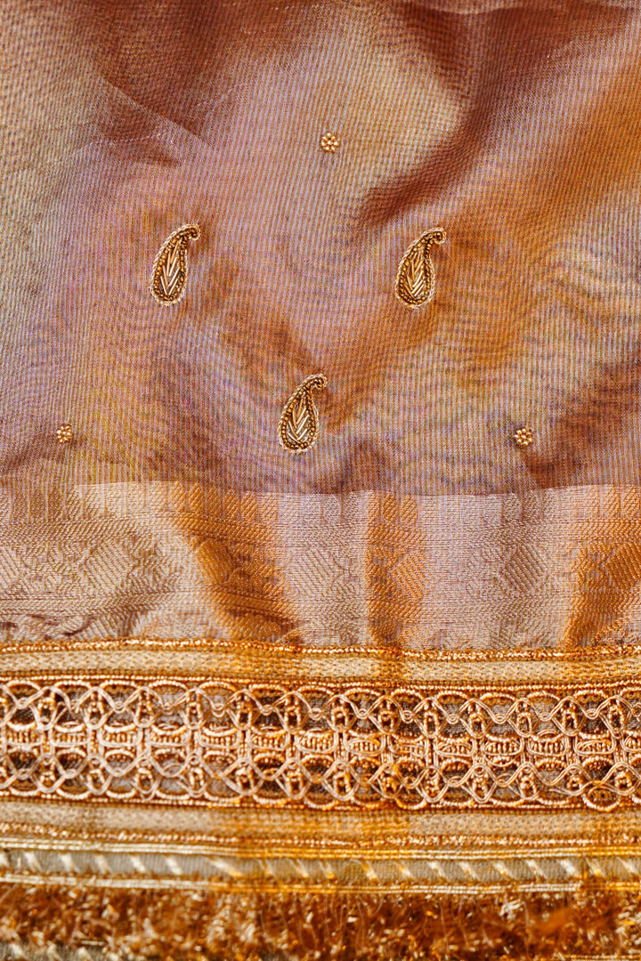 Copper Brown Banarasi Maharani Tissue Silk Saree with Gayatri Mantra Pallu & Scallop Border