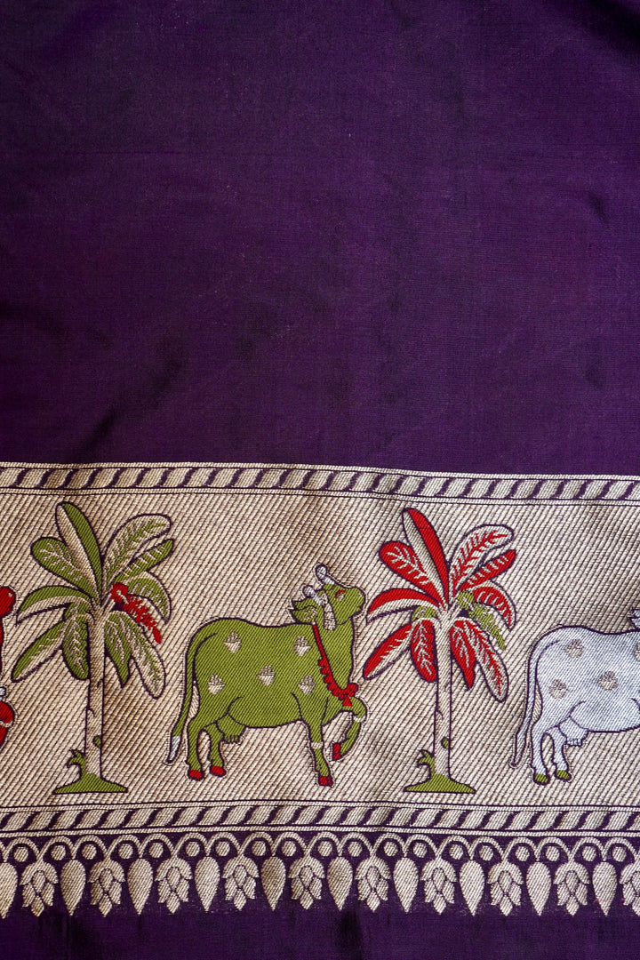 Dark Purple Pure Banarasi Handloom Katan Silk Kimkhwab Meenakari Saree with Pichwai Inspired Patterns