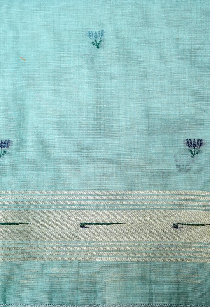 Sky Blue Handwoven Cotton Unstitched Suit Set with Floral Woven Dupatta