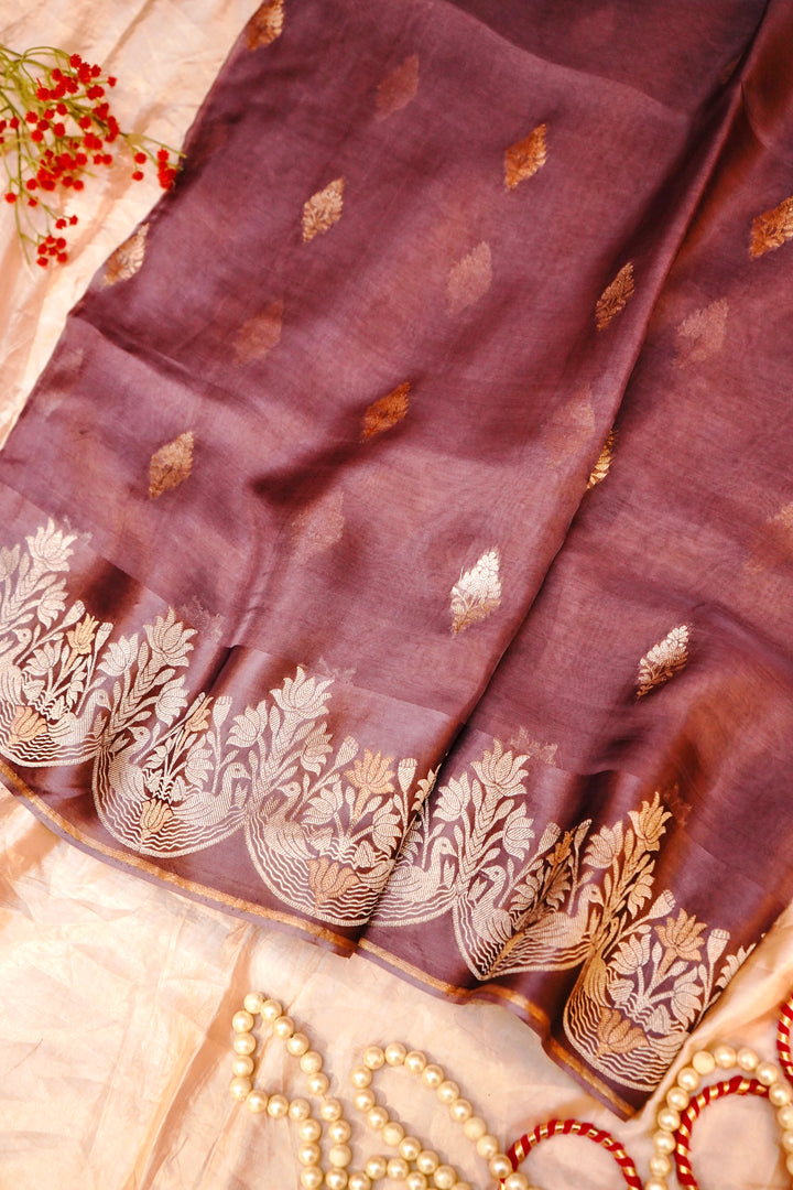 Graceful Dusty Rose Sonaroopa Muslin Organza Festive Saree
