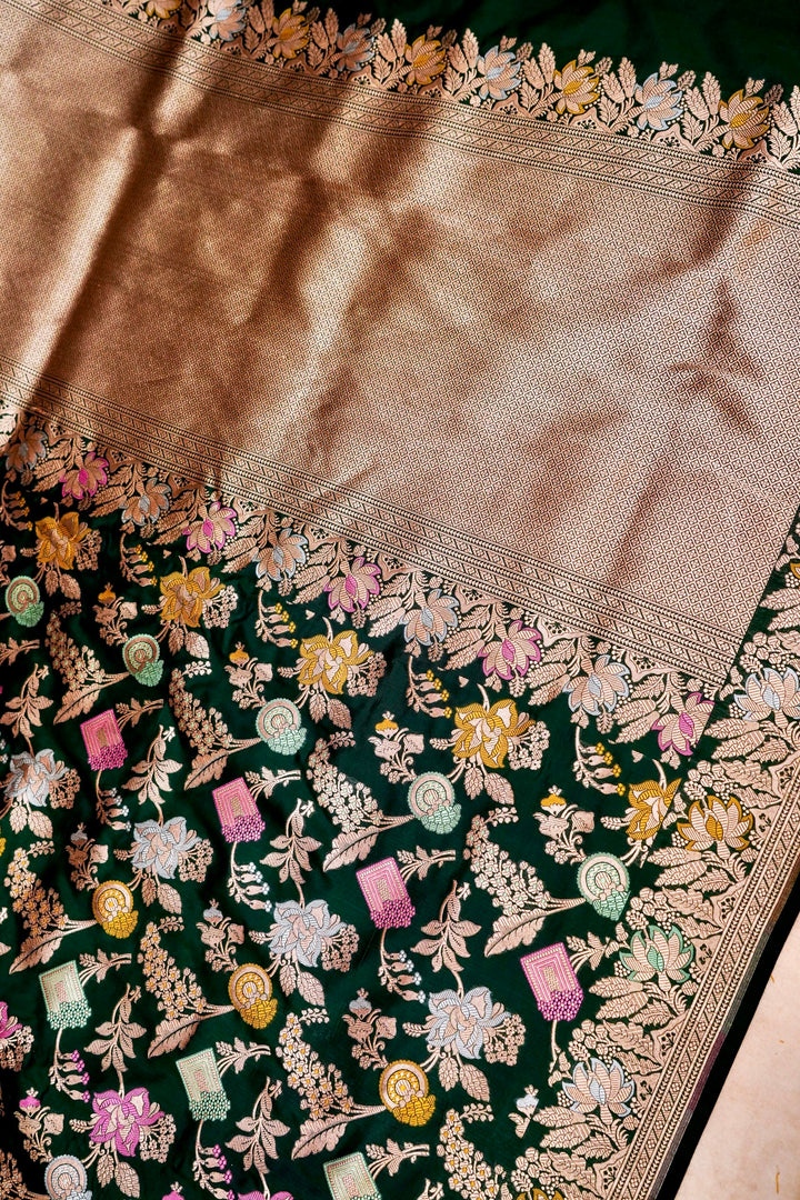 Majestic Bottle Green Banarasi Katan Silk Saree Handwoven Meenakari Jaal with Sona-Rupa Zari