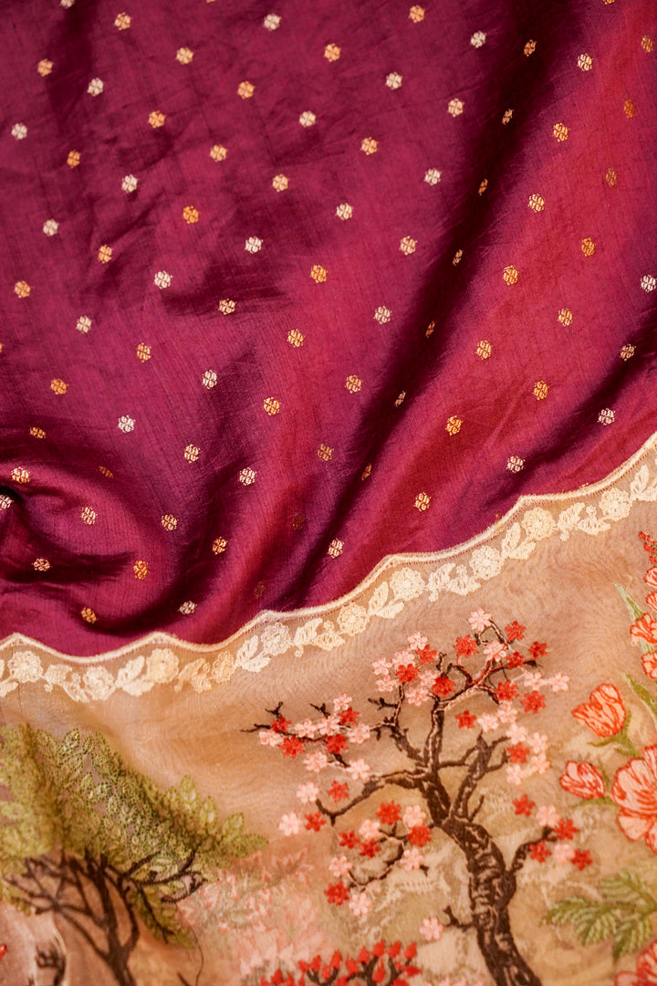 Wine Pure Handloom Chiniya Silk Saree with Appliqué Resham Embroidery