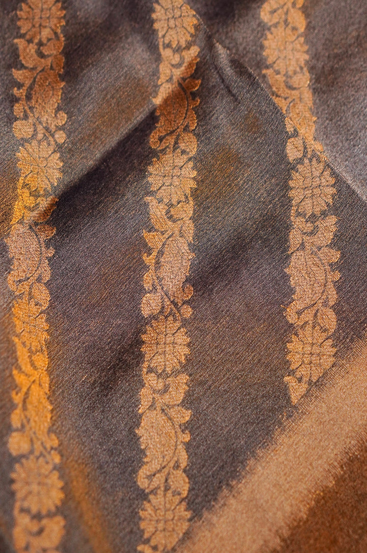 Dark Grey Banarasi Tissue Silk Saree with Meenakari Jangla Top and Elephant Motif Dupatta