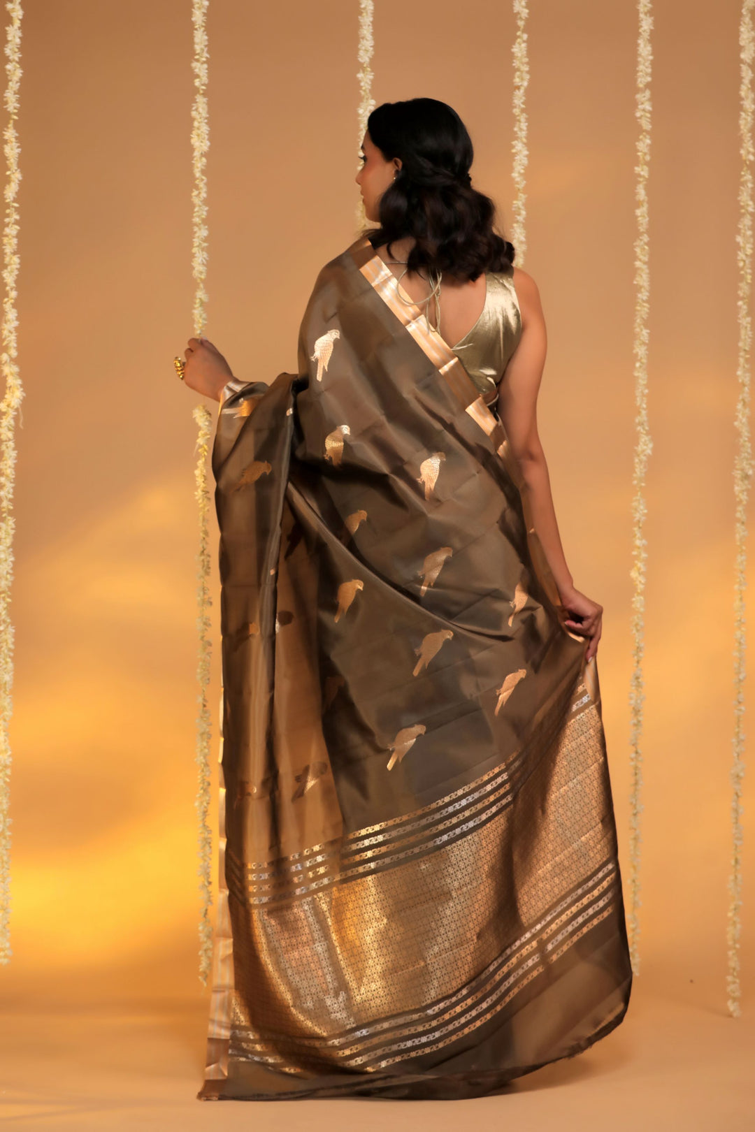 handwoven banarasi stone brown pure mashru silk birds saree back view