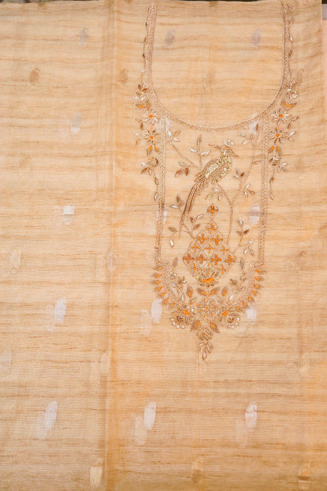 Unstitched Beige Gold Pure Chanderi Silk Suit with Yellow Contrast Dupatta