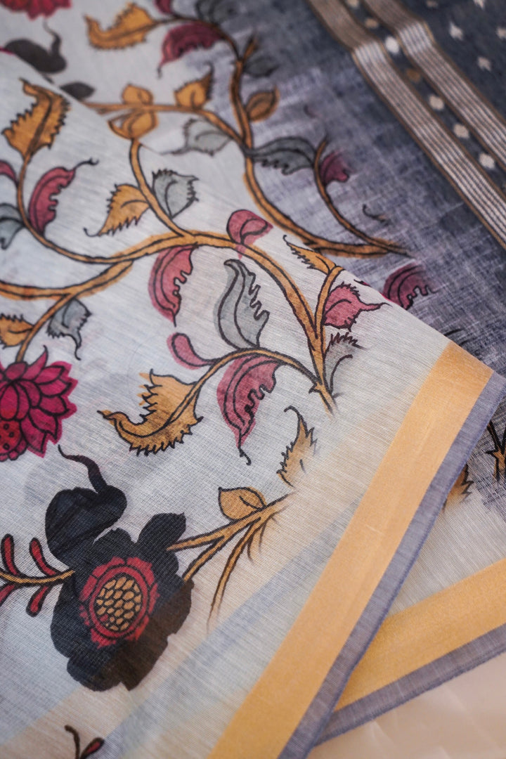 Light Blue Cotton Silk Saree with Floral Print &amp; Contrast Black Pallu