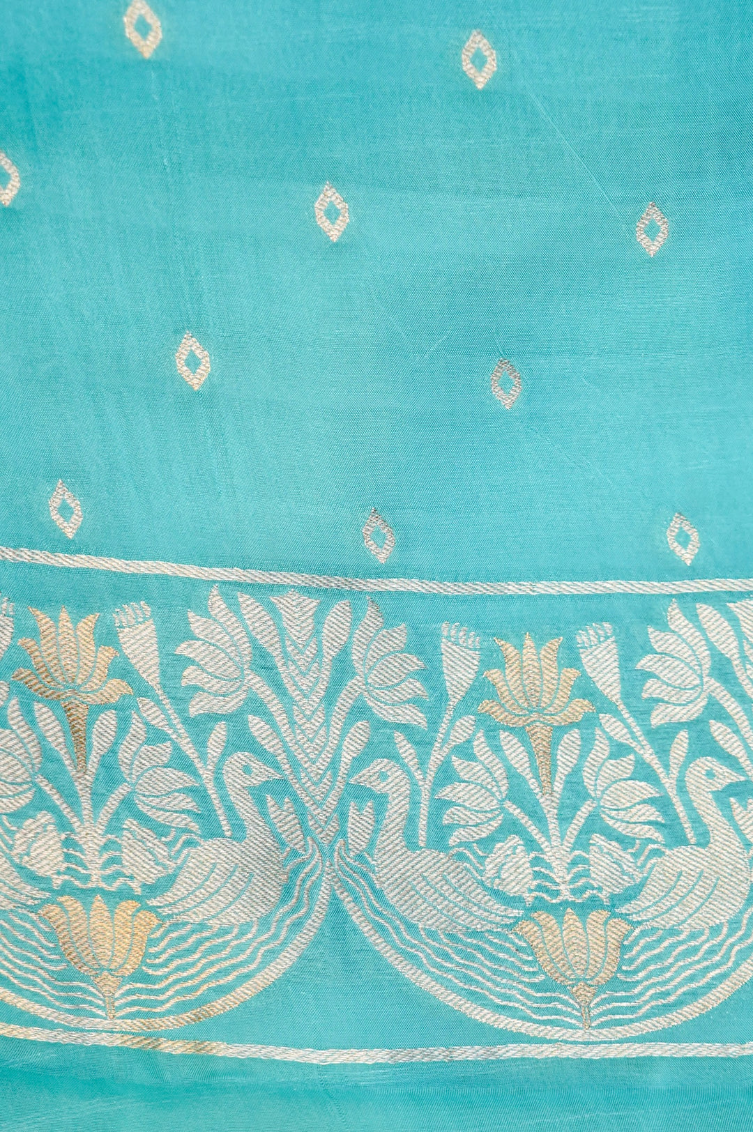 Elegant Aqua Blue Muslin Organza Saree with Birds Motif Meenakari Border