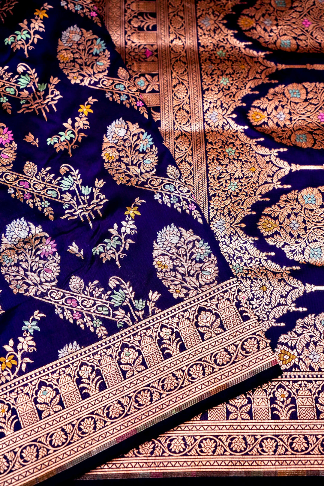 Handwoven Banarasi Dark Blue Pure Katan Silk Meenakari Jaal Saree