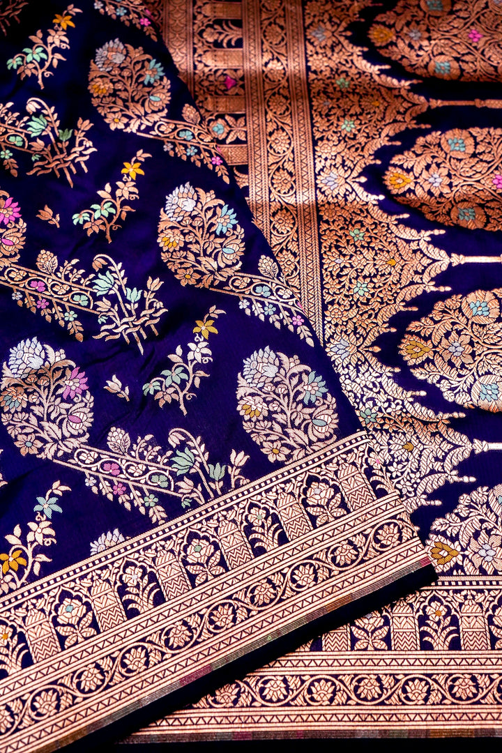 Handwoven Banarasi Dark Blue Pure Katan Silk Meenakari Jaal Saree