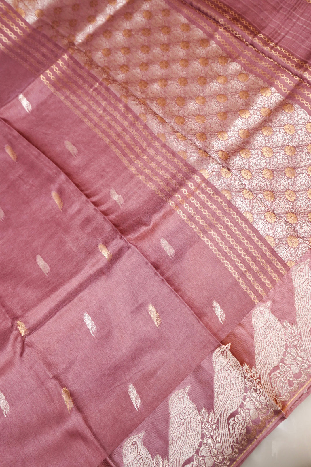 Mauve Raw Mango Inspired Banarasi Saree with Zari Weave Birds Motif