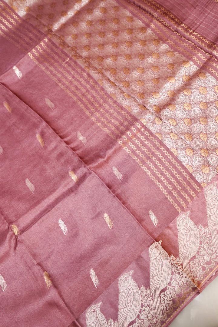 Mauve Raw Mango Inspired Banarasi Saree with Zari Weave Birds Motif