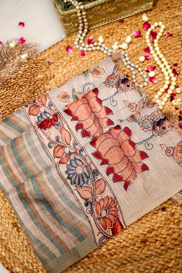 Festive Kota Check Saree with Aari Tari Detailing Pichwai Kalamkari Border View 1