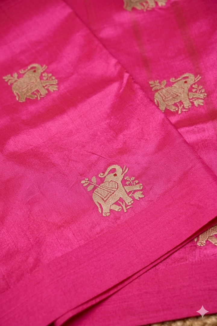 Regal Hot Pink Handwoven Banarasi Pure Puna Silk Saree with Zari Elephant Motifs