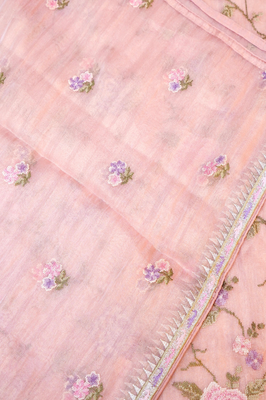 Pastel Pink Banarasi Crush Tissue Silk Suit Set with Embroidery Work