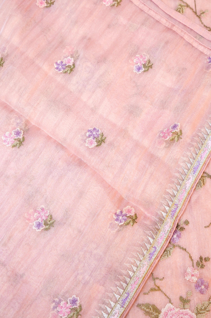 Pastel Pink Banarasi Crush Tissue Silk Suit Set with Embroidery Work