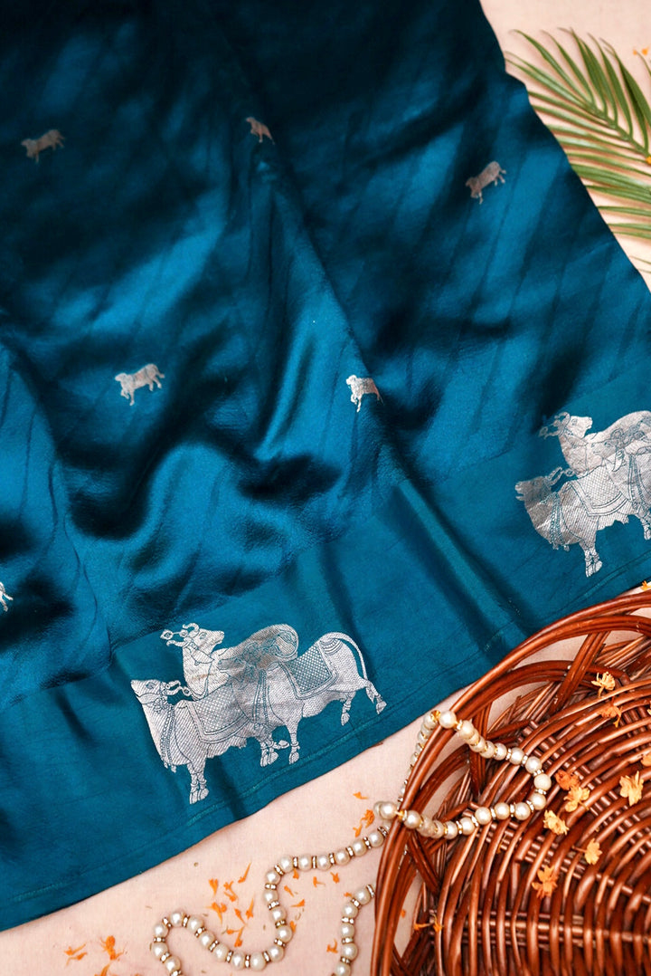 Banarasi Peacock Blue Pure Katan Silk Nandi Motifs Saree