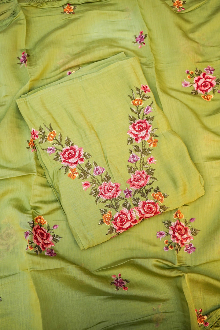 Light Green Banarasi Chanderi Silk Suit Set with Embroidery Work