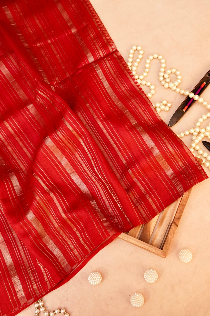 Bridal Red Pure Banarasi Silk Saree with Stripes & Shibori Weaving