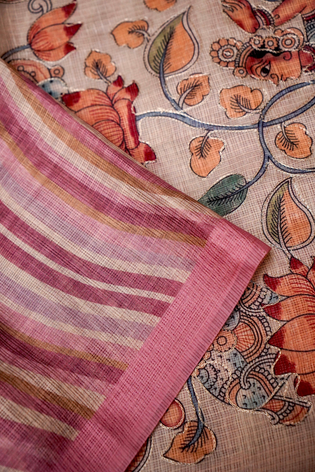 Artisanal Kota Check Saree with Multicolor Leheriya Aari Tari Handwork Pichwai Kalamkari Pallu View 3