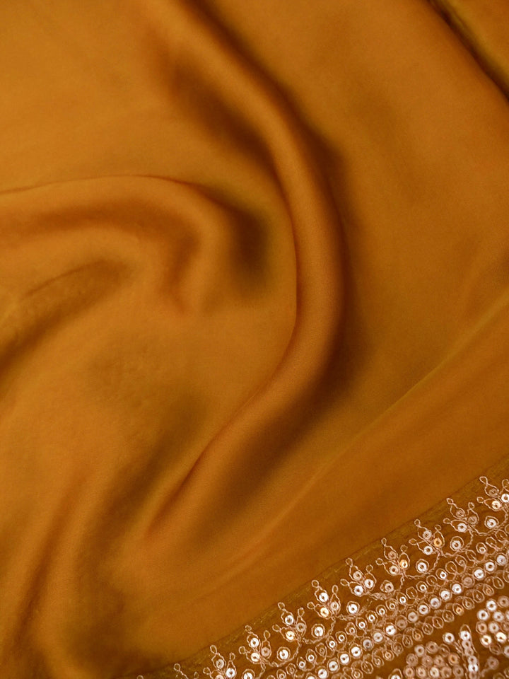 Mustard Pure Crepe Silk Saree with Sabyasachi Inspired Border Heavy Embroidered Silk Blouse View 4