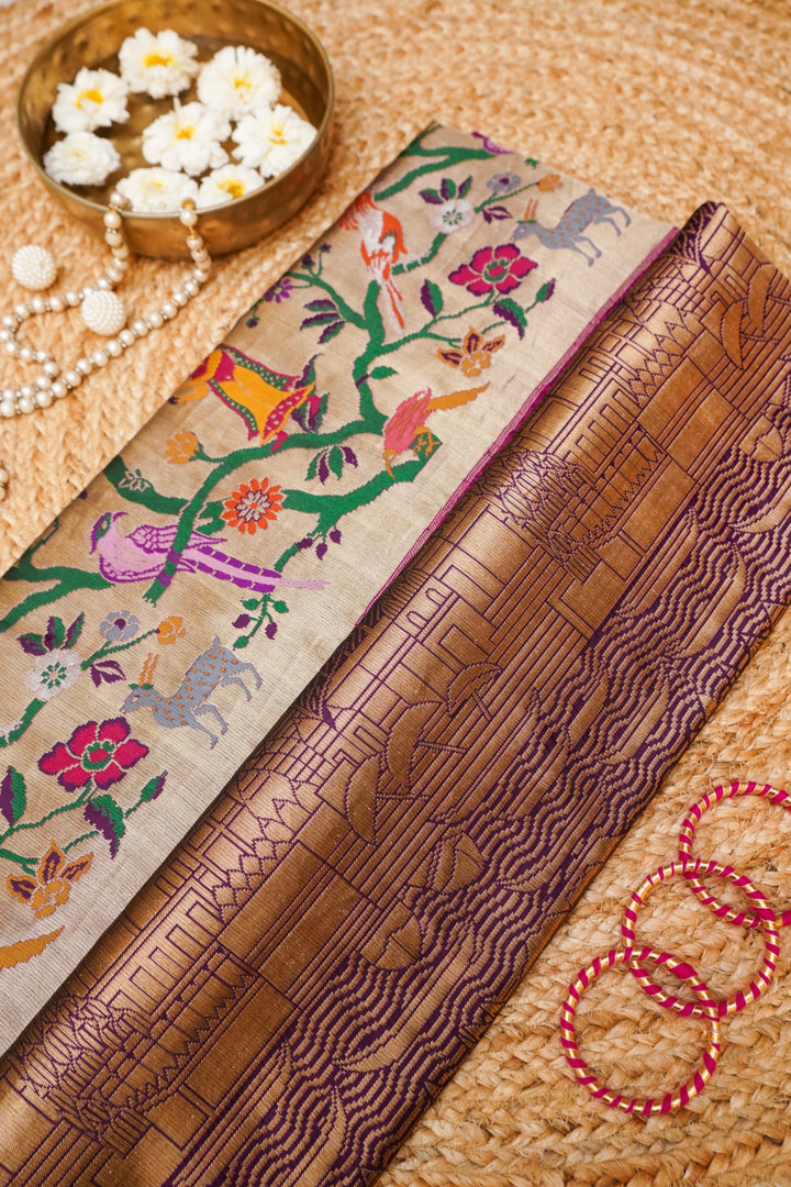 Pure Banarasi Katan Silk Handloom Kadiyal Saree with Paithani Border