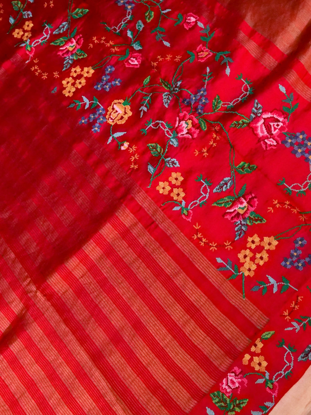 Handwoven Bridal Red Pure Silk Saree with Tissue Stripes Cross Stitch Hand Embroidery Border View 2