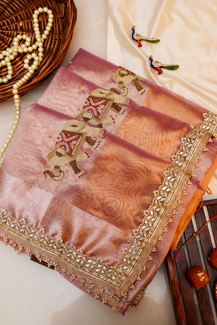 Golden Tissue Silk Saree with Pitta Zari Elephant Motifs & Scallop Border