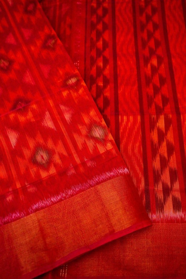 Banarasi Red Patola Cotton Silk Saree with Printed Geometric Designs