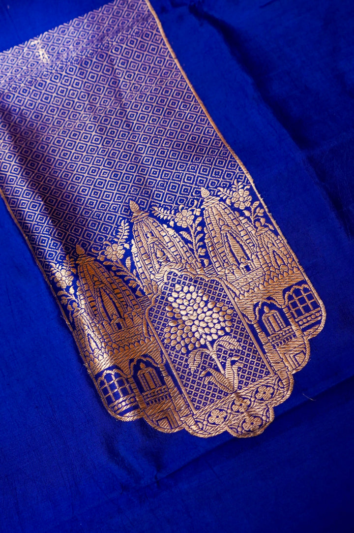 Royal Blue Katan Silk Cord Set with Banaras Ghat Neck Design View 3