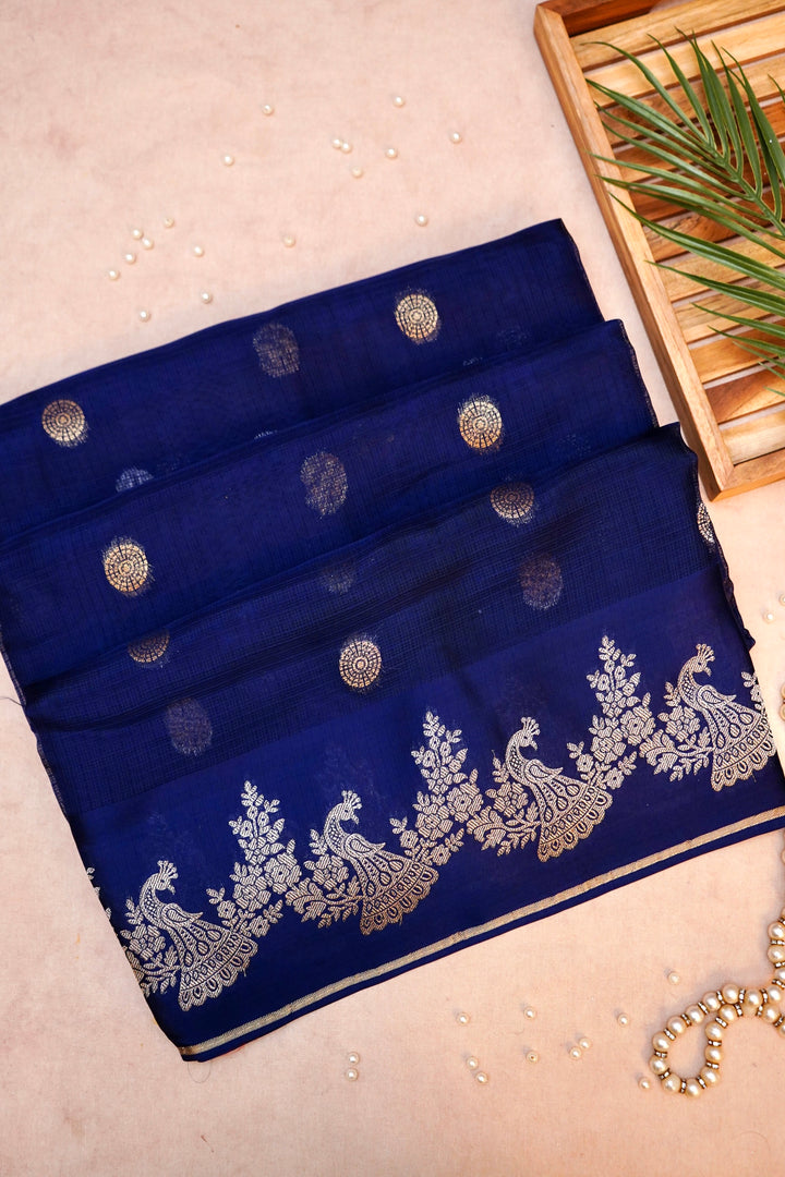 Navy Blue Kota Check Saree with Birds Motif Silk Border