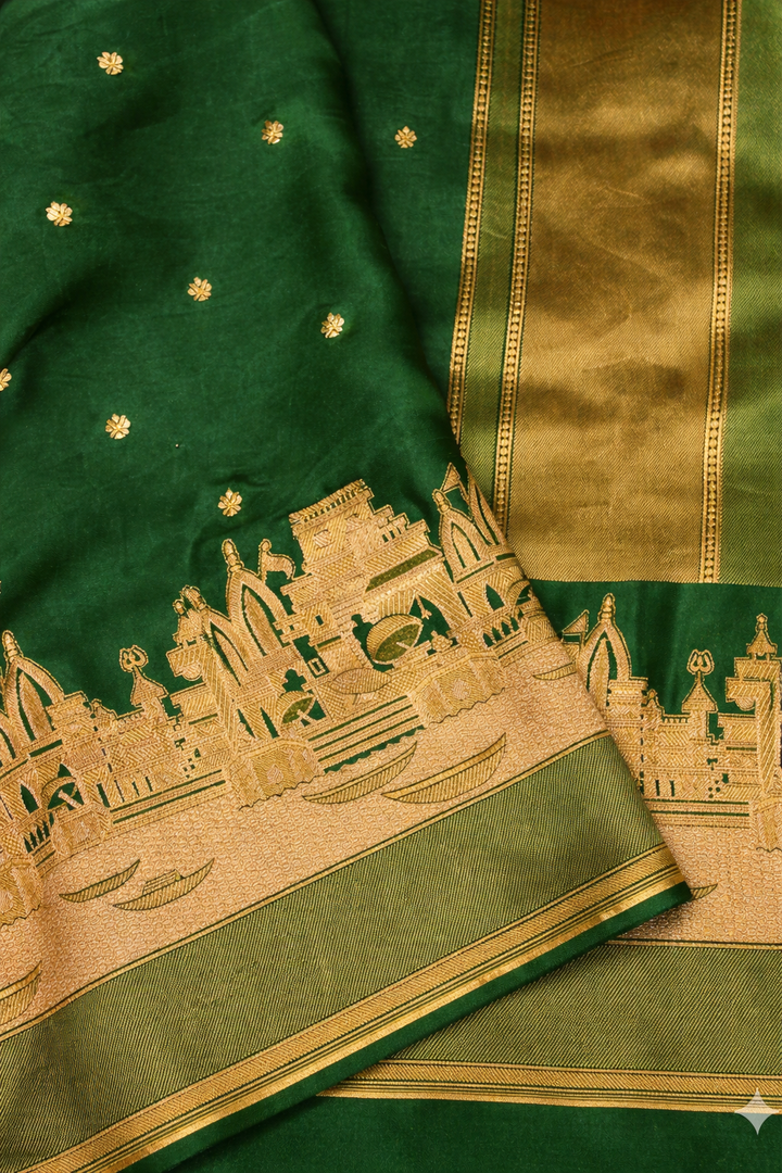 Bottle Green Banarasi Mashru Silk Saree with Ghat Design Border