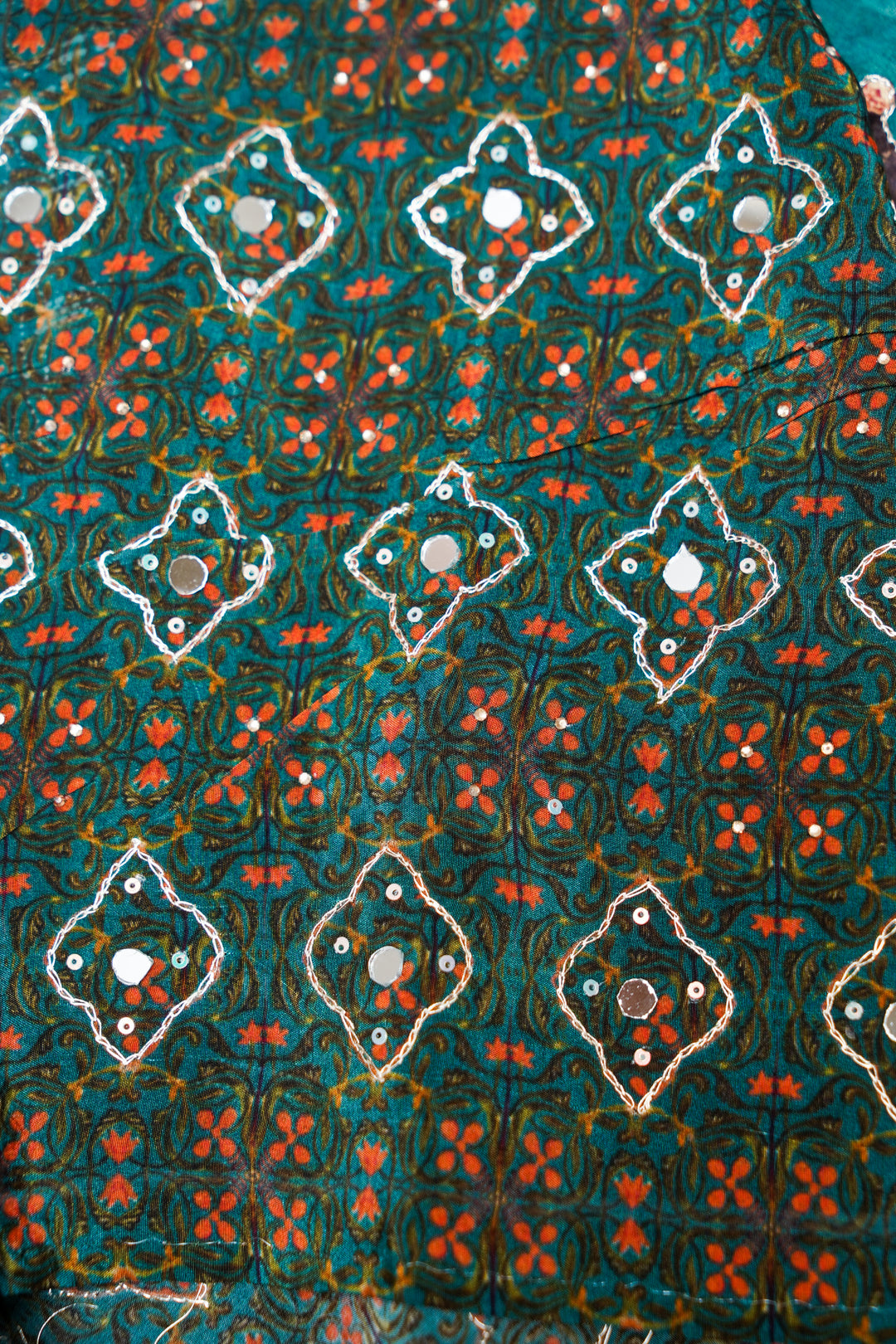 Teal Green Crepe Silk Saree with Katha Embroidery & Printed Figure Motifs