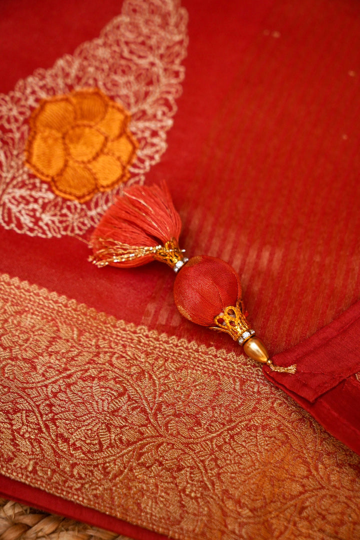 Crimson Red Soft Tissue Saree with Resham Embroidery &amp; Carry Boota