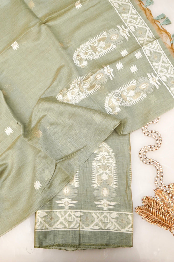 Elegant Sage Green Traditional Banarasi Cotton Silk Suit Set