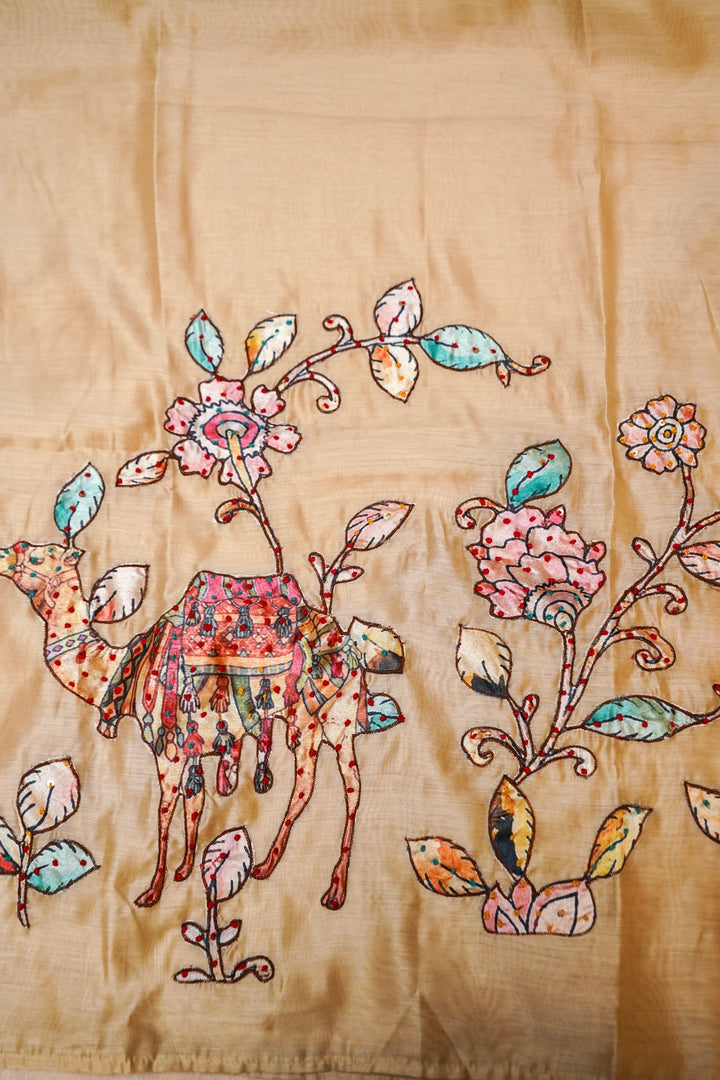 Beige Crepe Silk Suit Set with Appliqué and Kantha Embroidery Embroidery View 6