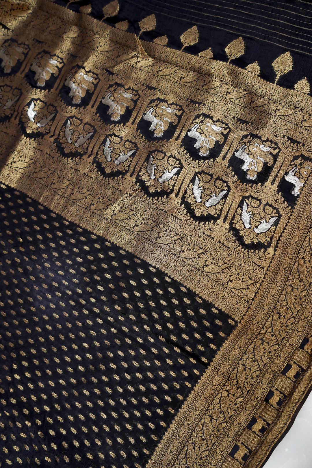 Regal Black Banarasi Chinon Georgette Saree with Antique Zari Figure Motifs
