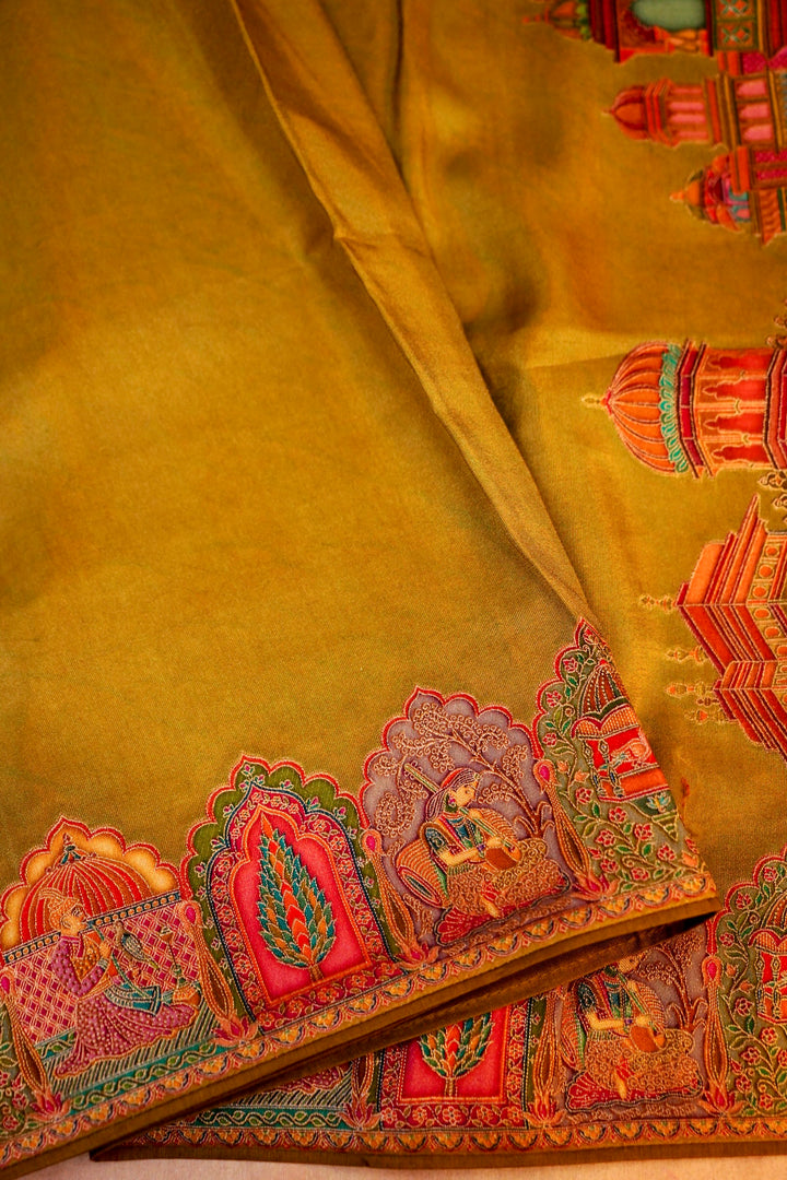 Amber Aura Mustard Crepe Silk Saree with Resham Woven Meenakari Pallu and Border